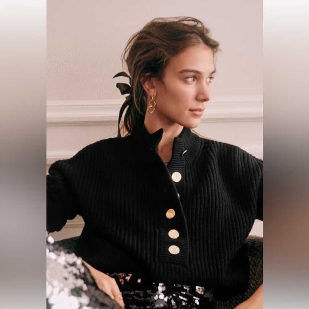 Sezane Black sweater with Gold Buttons. NWOT
